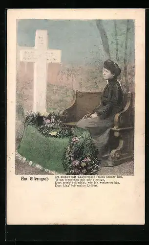 AK Am Elterngrab, Frau trauert sitzend am Grab
