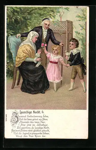 AK Lauschige Nacht, Zweimal fünfundzwanzig Jahre..., Grosseltern mit Enkelkindern im Garten