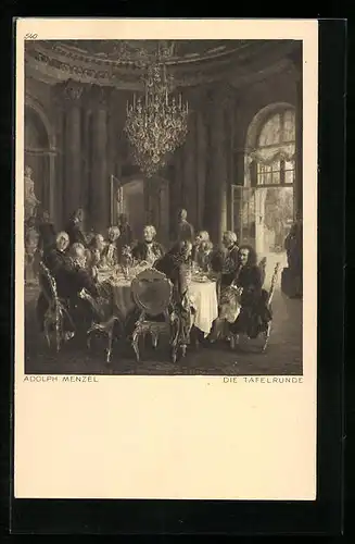 Künstler-AK Die Tafelrunde, König Friedrich II. mit Gästen an einem Tisch sitzend