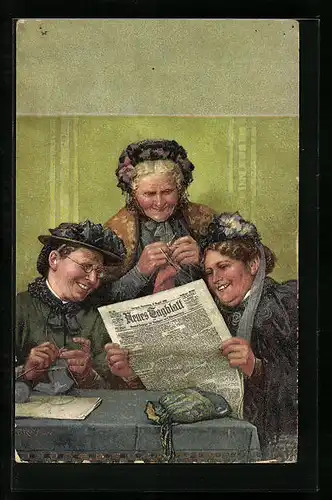 AK Drei Damen lesen beim Stricken das Neue Tagblatt