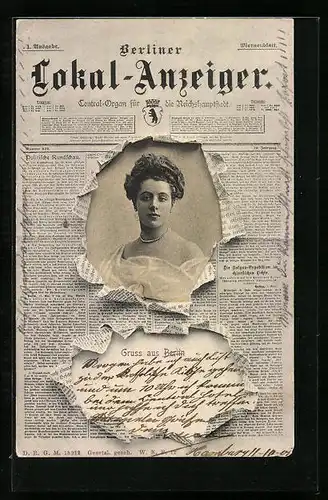 AK Zeitung Berliner Lokal-Anzeiger mit Frauenportrait auf der Seite