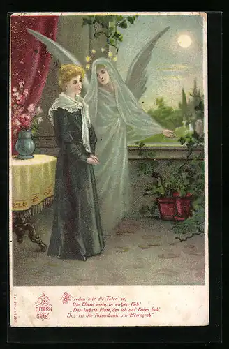 AK Das Elterngrab, trauernde Frau mit Schutzengel am Fenster stehend