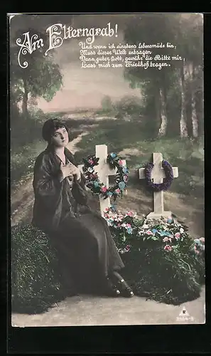 AK Am Elterngrab, trauernde Frau sitzt am Grab