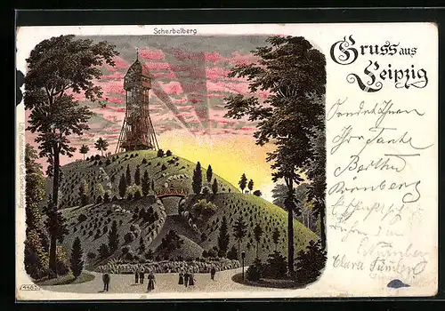 Lithographie Leipzig, Scherbelberg mit Aussichtsturm