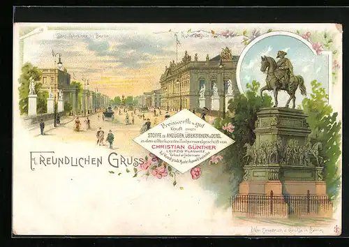 Lithographie Berlin, Schlossbrücke, Ruhmeshalle, Denkmal Friedrich d. Grosse