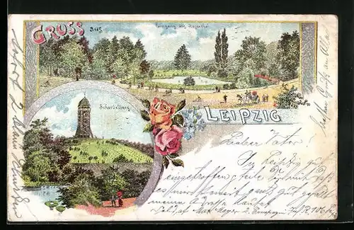 Lithographie Leipzig, Scherbelberg Aussichtsturm, Parkidylle im Rosenthal