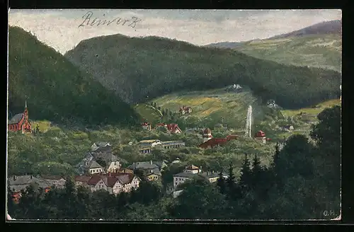 Künstler-AK Reinerz /Grafschaft Glatz, der Ort aus der Vogelschau