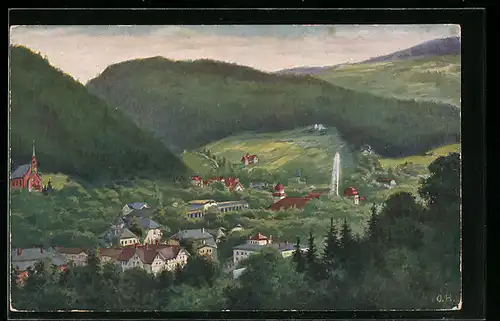 Künstler-AK Reinerz /Grafschaft Glatz, der Ort aus der Vogelschau