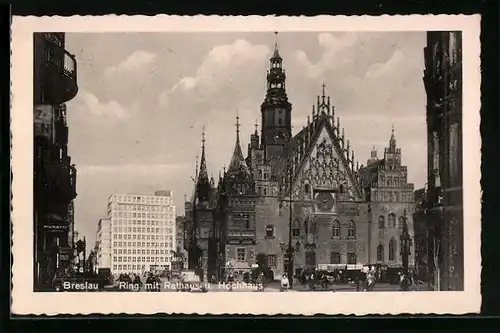 AK Breslau, Ring mit Rathaus und Hochhaus