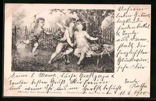 Künstler-AK Theo Stroefer Serie VIII, Nr. 5642: Engelchen küsst Mädchen - Knabe mit Stock stürmt herbei