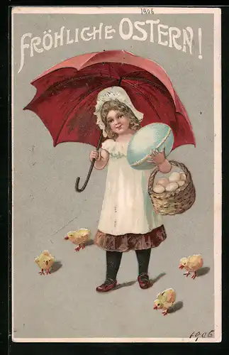 AK Mädchen mit Schirm und Osterküken