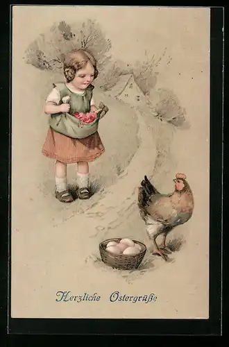 AK Mädchen und Huhn mit Ostereiern zu Ostern