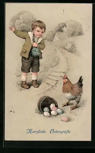 AK Junge und Huhn mit Ostereiern