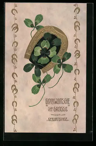 AK Hufeisen mit Kleeblättern zum Geburtstag