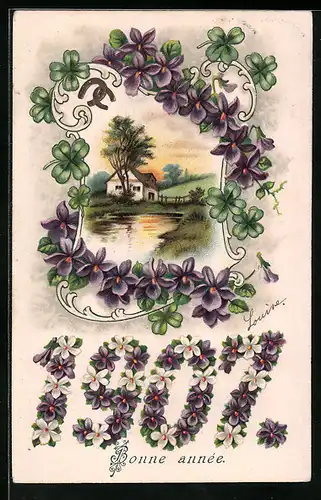 AK Bonne année, Jahreszahl 1907 mit Blüten