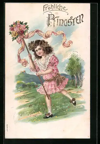 AK Mädchen läuft mit Blumen über die Wiese, Fröhliche Pfingsten