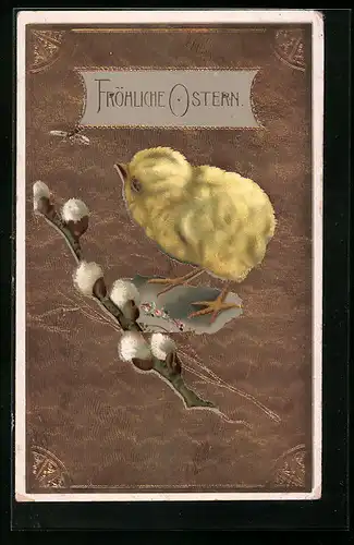 AK Osterküken mit Palmkätzchenzweig zu Ostern