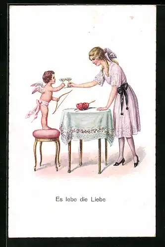 Künstler-AK Es lebe die Liebe, Amor stösst mit Frau an