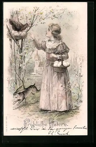 AK Mädchen blickt auf ein Vogelnest, Osterhase springt über die Wiese vorbei, Fröhliche Ostern