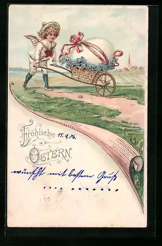 AK Osterengel schiebt Karren mit Osterei