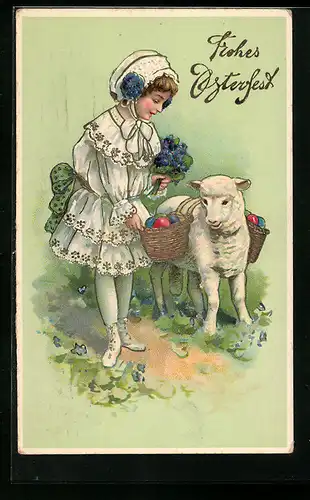 AK Mädchen mit Lamm, Frohes Osterfest