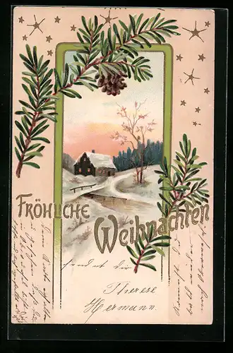 AK Winterlandschaft mit Tannenzweigen