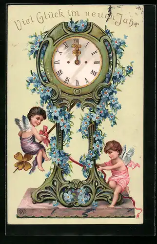 AK Neujahrsengel schmücken die Uhr mit Vergissmeinnicht-Blüten, Viel Glück im neuen Jahr