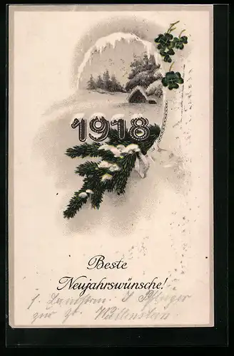 AK Jahreszahl 1918, Verschneiter Tannenzweig