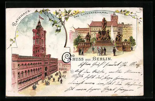 Lithographie Berlin, Rathaus, Das Lutherdenkmal, Neuer Markt