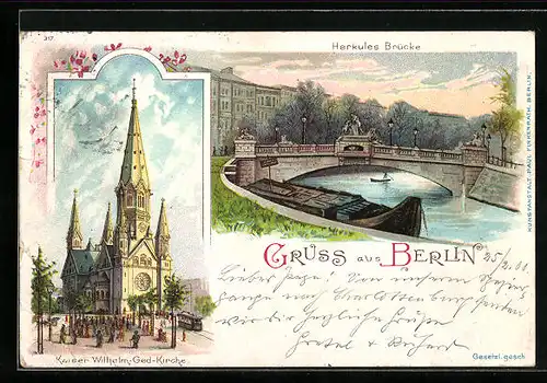 Lithographie Berlin-Tiergarten, Herkules-Brücke und Kaiser Wilhelm Gedächtnis Kirche