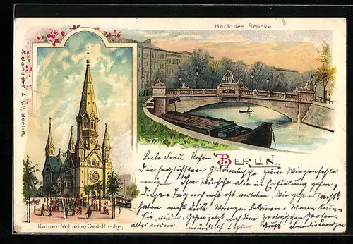 Lithographie Berlin-Tiergarten, Kaiser Wilhelm Gedächtnis Kirche, Herkules Brücke