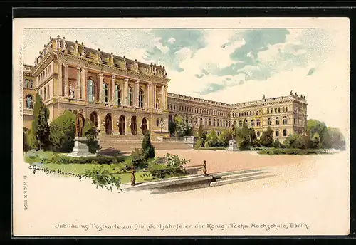 Lithographie Berlin-Charlottenburg, Jubiläums-Postkarte zur Hundertjahrfeier der Königl. Techn. Hochschule