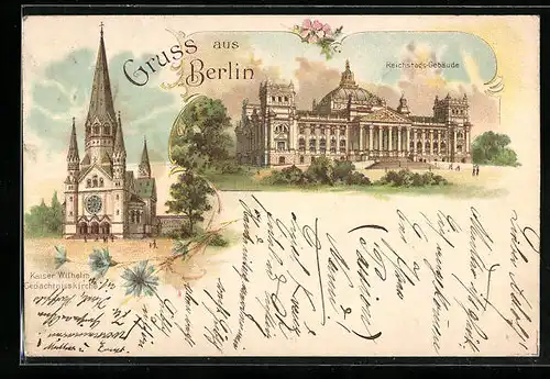 Lithographie Berlin-Tiergarten, Reichstags-Gebäude, Kaiser Wilhelm Gedächtnisskirch