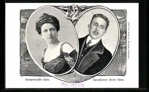 Künstler-AK Kronprinzessin Luise und Sprachlehrer André Giron - Portraits in Herzform