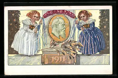 Künstler-AK Portrait Prinzregent Luitpold, Kinder mit Girlande