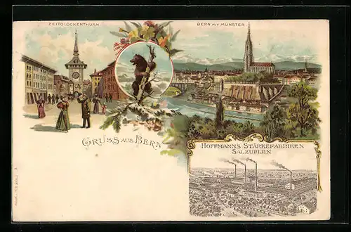 Lithographie Bern, Zeitglockenturm, Ortsansicht mit Münster