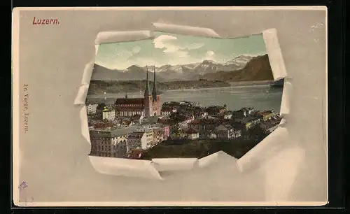 Passepartout-Lithographie Luzern, Gesamtansicht aus der Vogelschau
