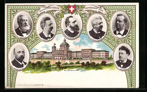 Lithographie Bern, der Bundespalast mit Portraits des schweizerisches Bundesrat 1900