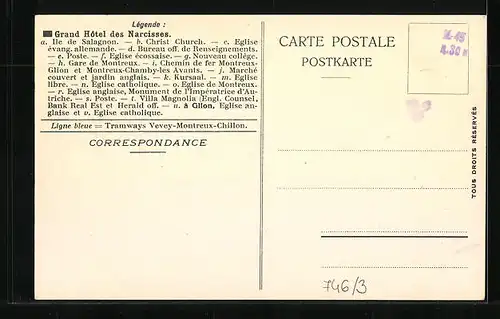 AK Montreux-Territet, Gd. Hotel des Narcisses, Landkarte mit Lac Leman