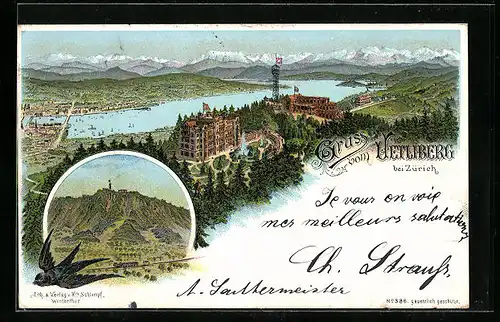 Lithographie Zürich, Uetliberg, Teilansicht aus der Vogelschau