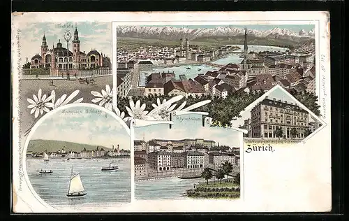 Lithographie Zürich, Ortsansicht aus der Vogelschau, Tonhalle, Polytechnikum