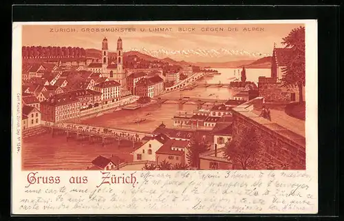 Lithographie Zürich, Grossmünster und Limmat, Blick gegen die Alpen