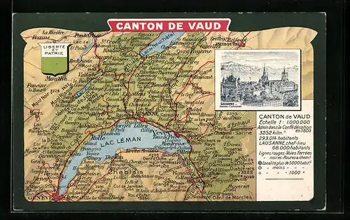 AK Lausanne, Chateau, Cathedrale, Landkarte Canton de Vaud
