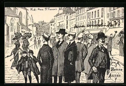 Künstler-AK Lausanne, Midi Place St. Francois