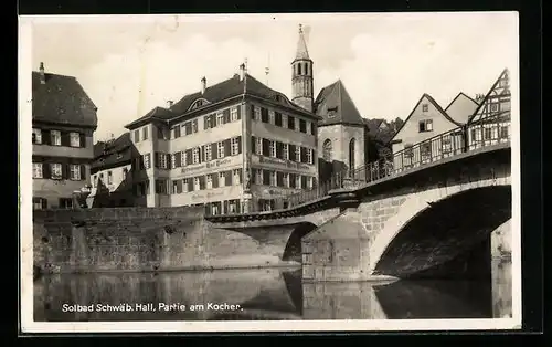 AK Schwäb. Hall, Partie am Kocher, Gasthaus Gold. Ritter, Bes.: E. Voelter