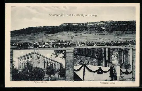 AK Spaichingen, Ortsansicht mit Dreifaltigkeitsberg, Gewerbehalle, Kriegerdenkmal