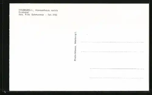 AK Marburg, Hansenhaus rechts Innenansicht - Festsaal, Verbindungshaus