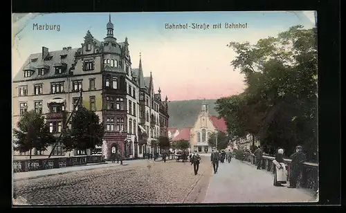 AK Marburg, Bahnhof-Strasse mit Bahnhof