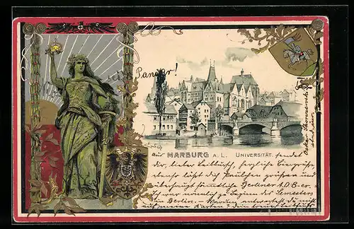 Lithographie Marburg a. L., Universität, Wappen
