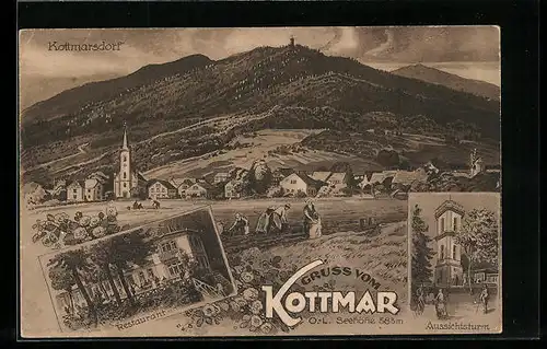 Lithographie Kottmarsdorf, Ortsansicht, Restaurant, Aussichtsturm
